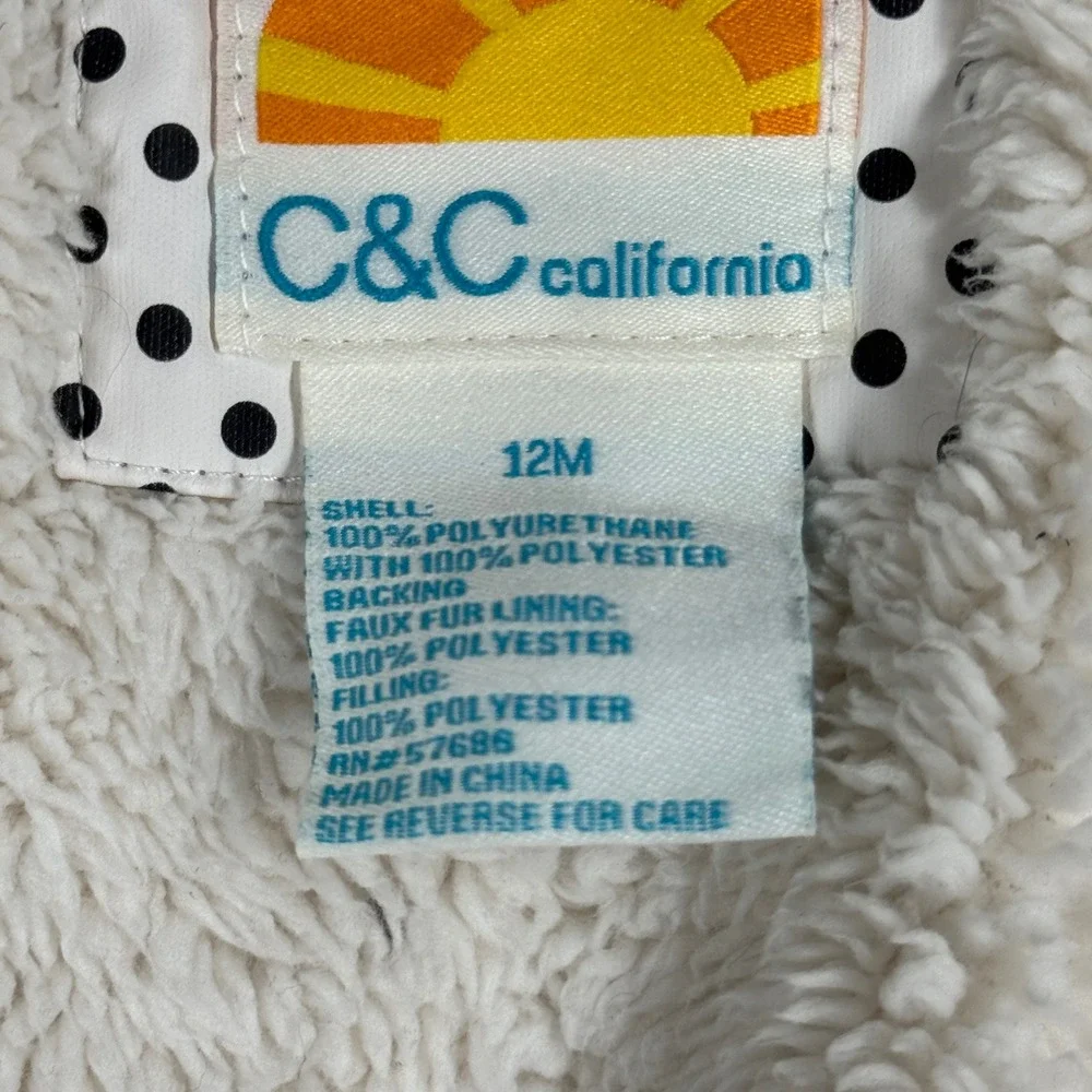 C&C California‎ Kids Rain Jacket 12M White Black Polka Dot Pompom Hooded Coat